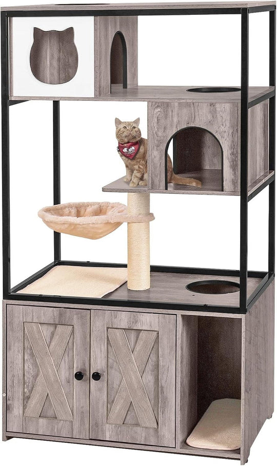 MEDEHOO Cat Litter Box Enclosure, Litter Box Furniture Hidden, Wooden Cat Washroom Furniture, Indoor Cat House with Condo, Hammock, Scratching Mat and Storage Shelves-Greige