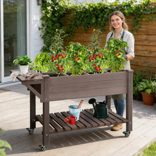 MEDEHOO Elevated Planter Box with Locking Casters – 52.7" L x 22" W x 30" H, Raised Garden Bed with Removable Liner (Brown)