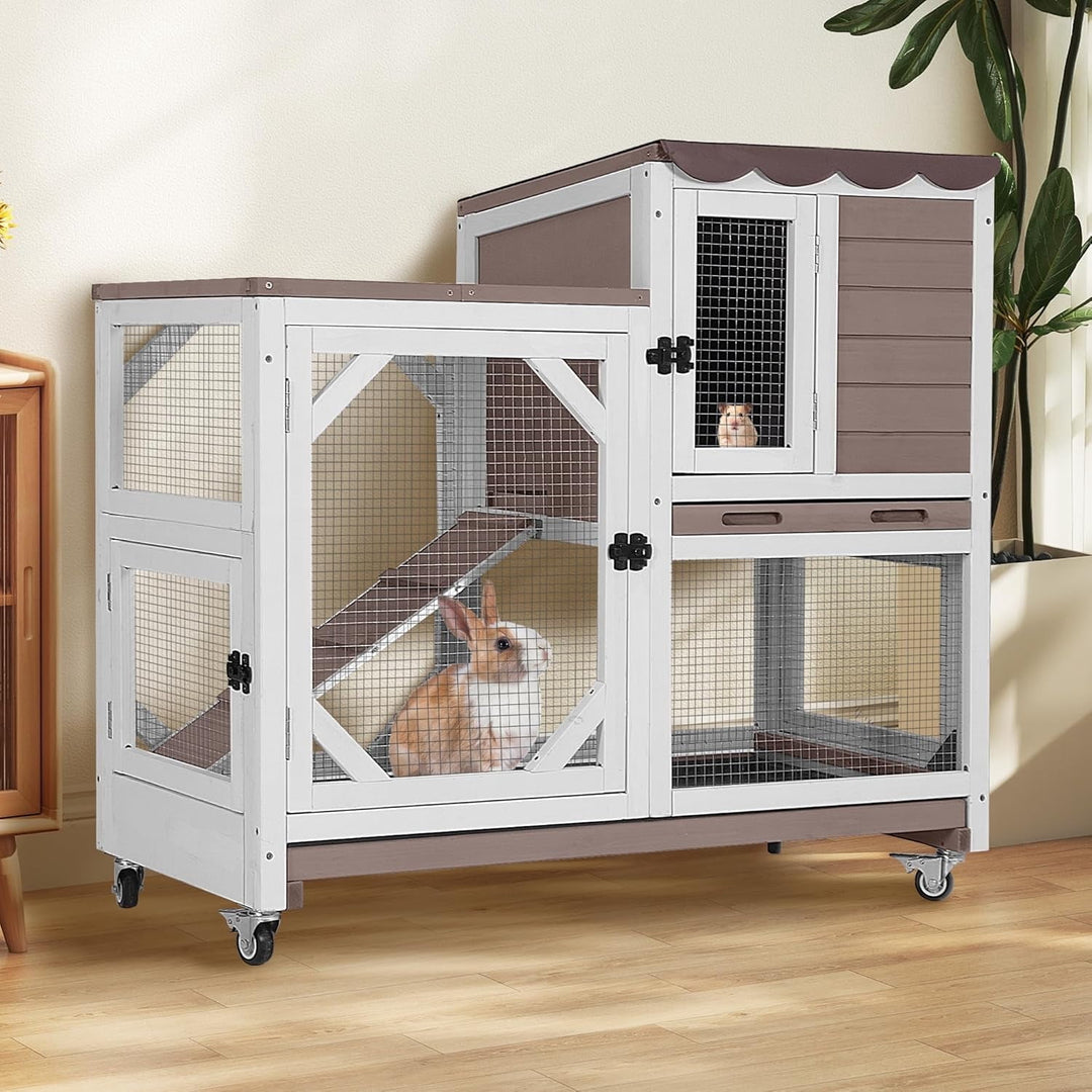 MEDEHOO Rabbit Hutch 2-Story Wooden Bunny Cage with 2 Leak-Proof Sliding Trays, Chew-Proof Metal Mesh, Rainproof Cover, Indoor &amp; Outdoor Guinea Pig House with Wheels - Brown AIR7013-B-AD-WM-WM