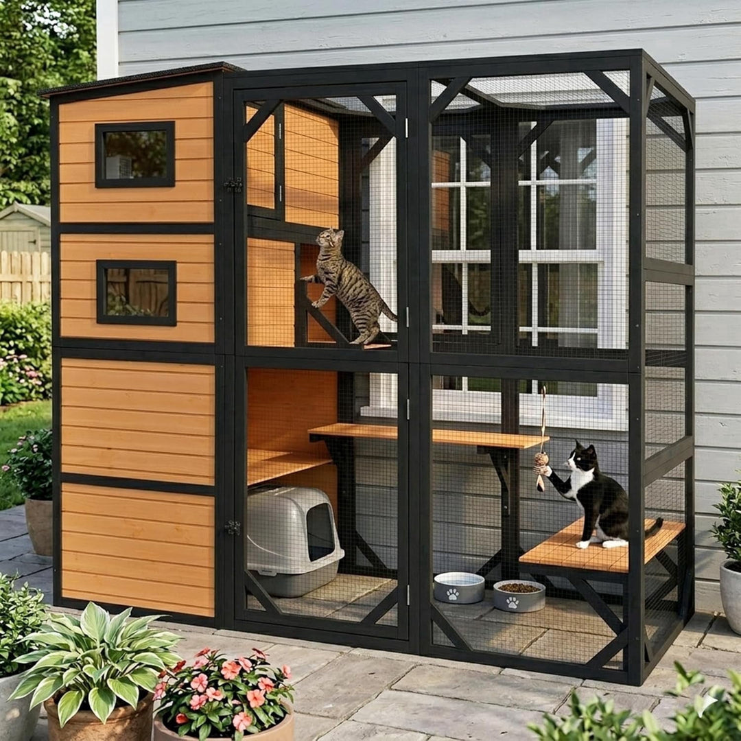 MEDEHOO 77" Large Catio Outdoor Cat Enclosure, 4 Tiers Cat House for Outdoor Indoor with Weatherproof Roof, 3 Resting Rooms, 3 Platforms, 5 Windows