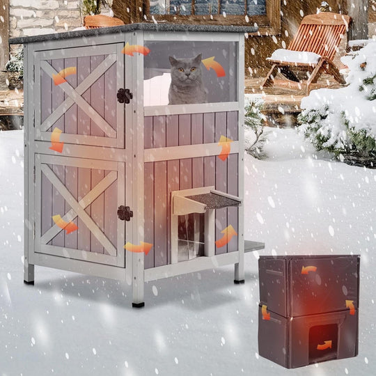 Outdoor Cat House Weatherproof, Heated Feral Cat House with Insulated Liner, 2-Storys Wooden Stray Cat Shelter for Winter AIR14-IN-ML