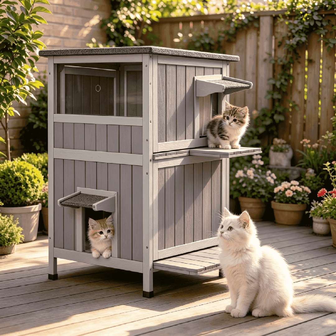 MEDEHOO Outdoor Cat House, Upgraded Larger Size Weatherproof Feral Cat Shelter, Wooden Cat Condo with Escape Doors for Winter Protection