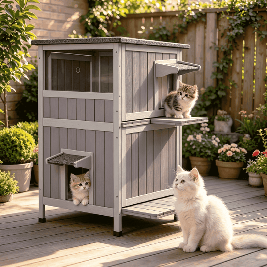 MEDEHOO Outdoor Cat House, Upgraded Larger Size Weatherproof Feral Cat Shelter, Wooden Cat Condo with Escape Doors for Winter Protection