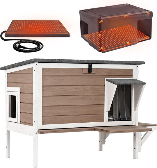 Heated Outdoor Cat House with Heating Pad and 6-Sided Insulation for Feral and Stray Cats, Brown AIR91-WB-HP-GE