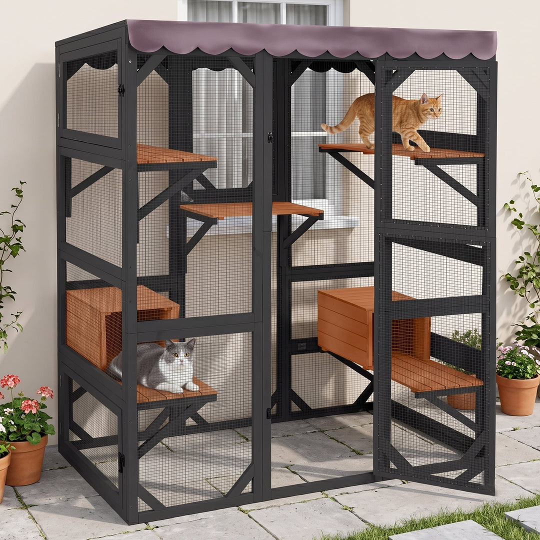 MEDEHOO 70" Large Catio Outdoor Cat Enclosure, Window Catio Wooden Cat House Walk-in Cat Cage with 7 Platforms, Scratch Post, Hammock for 2-6 Cats