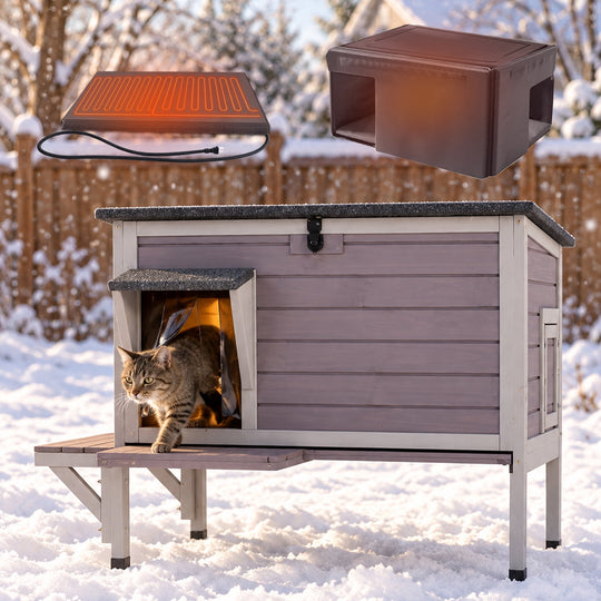 MEDEHOO Large Heated Cat House with Heating Pad Insulated Liner Escape Door Weatherproof Outdoor Feral Cat Shelter for Outside Gray AIR91-G-HP-WFS-ML