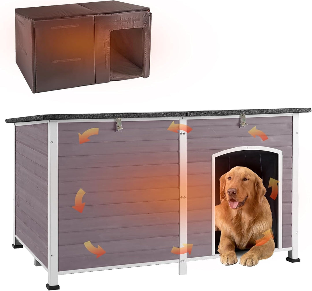 MEDEHOO Extra Large Insulated Outdoor Dog House with Insulated Liner for Winter, Weatherproof Dog Kennel with All-Around Iron Frame for Small, Medium, and Large Dog (Gray) AIR064-IN-WM