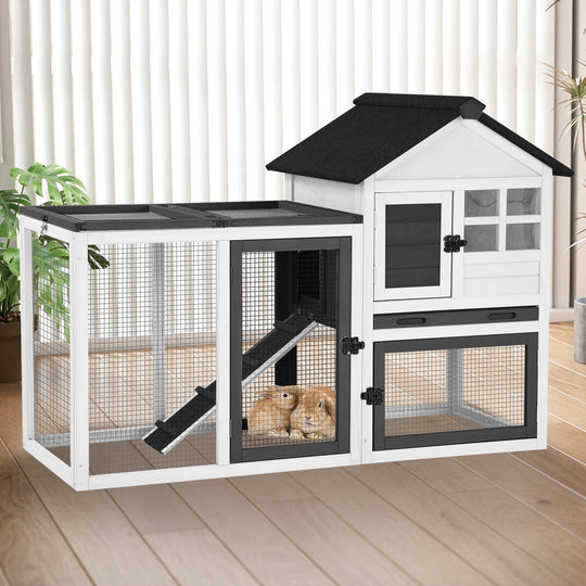 MEDEHOO 51.6''L Wood Rabbit Hutch Bunny Cage with Tray, Outdoor Chicken Coop with Run, Guinea Pig House for Outdoors &amp; Indoors, White XZ7002-BW-WM