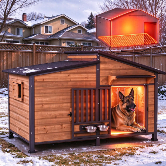 MEDEHOO Heated Dog House Outdoor, Extra Large Insulated Weatherproof Kennel with Heating Pad &amp; Chew-Proof Metal Frame