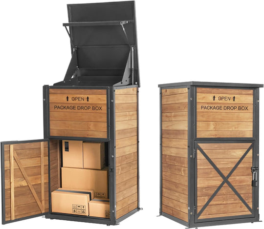 MEDEHOO Package Delivery Boxes for Outside, Anti-Theft &amp; Weatherproof Solid Wood with Iron Frame, Parcel Drop Box with Combination Lockable, Lockable Secure Package Holder for Porch AIR7011-4-AD-WM