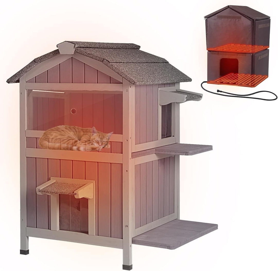 MEDEHOO Insulated Cat House for Outdoor Cats with Heated Liner Waterproof Kitty Shelter Keep Warm in Winter,Outside Feral Cat Cage AIR94-IN-HP-J-WM