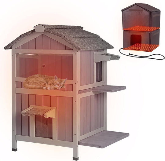 MEDEHOO Insulated Cat House for Outdoor Cats with Heated Liner Waterproof Kitty Shelter Keep Warm in Winter,Outside Feral Cat Cage AIR94-IN-HP-J-WM