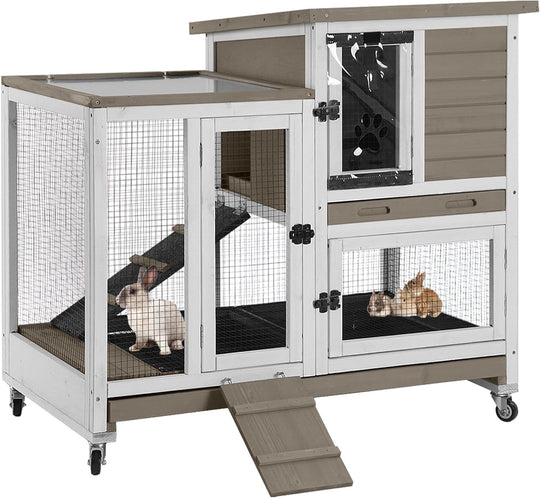 MEDEHOO Rabbit Hutch Rabbit Cage Pet Bunny House Cage with Casters Urine Baffles,4 Metal Wheels,2 Deeper Trays(Mocca Color) AIR36-00J