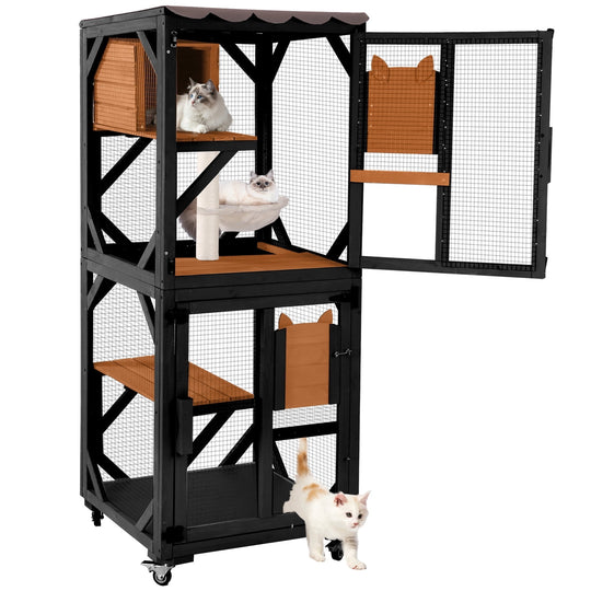 MEDEHOO 3-Tier Outdoor Catio with Wheels, Wooden Cat Enclosure with 4 Lockable Wheels &amp; Removable Hammock, Window Cat House for Multiple Cats, 63" Black