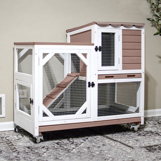 MEDEHOO 2-Story Rabbit Hutch with Chew-Proof Ramp &amp; Pull-Out Trays - Indoor/Outdoor 39.3" Wooden Rabbit Cage on Wheels for Rabbits, Guinea Pigs RH-AIR7013-MB