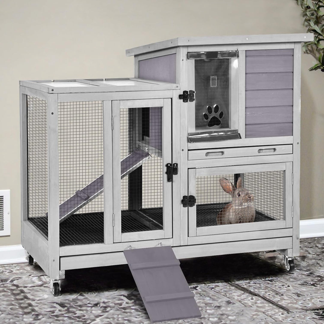 MEDEHOO 2-Story Rabbit Hutch Indoor with Chew-Proof Ramp &amp; Slide-Out Plastic Trays - Wooden Small Animal Cage Guinea Pig Cages with Wheels for 2-4 Rabbits, Bunnies, and Guinea Pigs (Grey) AIR10-G-MA-WM