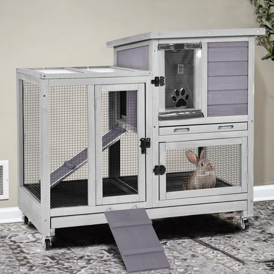MEDEHOO 2-Story Rabbit Hutch Indoor with Chew-Proof Ramp &amp; Slide-Out Plastic Trays - Wooden Small Animal Cage Guinea Pig Cages with Wheels for 2-4 Rabbits, Bunnies, and Guinea Pigs (Grey) AIR10-G-MA-WM