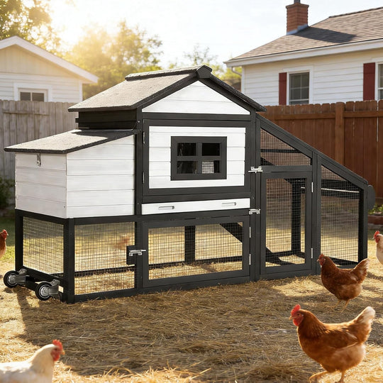 MEDEHOO Chicken Coop Mobile Chicken House On Wheel Outdoor Rabbit Hutch for 2-4 Chickens 67"(White &amp; Black) AIR023-B