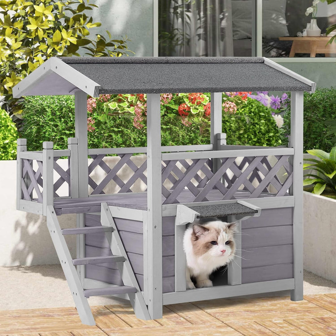 MEDEHOO Cat House Outdoor Weatherproof – 100% Solid Fir with Waterproof Paint, Two-Level Design, All-Weather Protection &amp; Elevated Base – Kitty Shelter for Feral Cats, Indoor/Outdoor Use