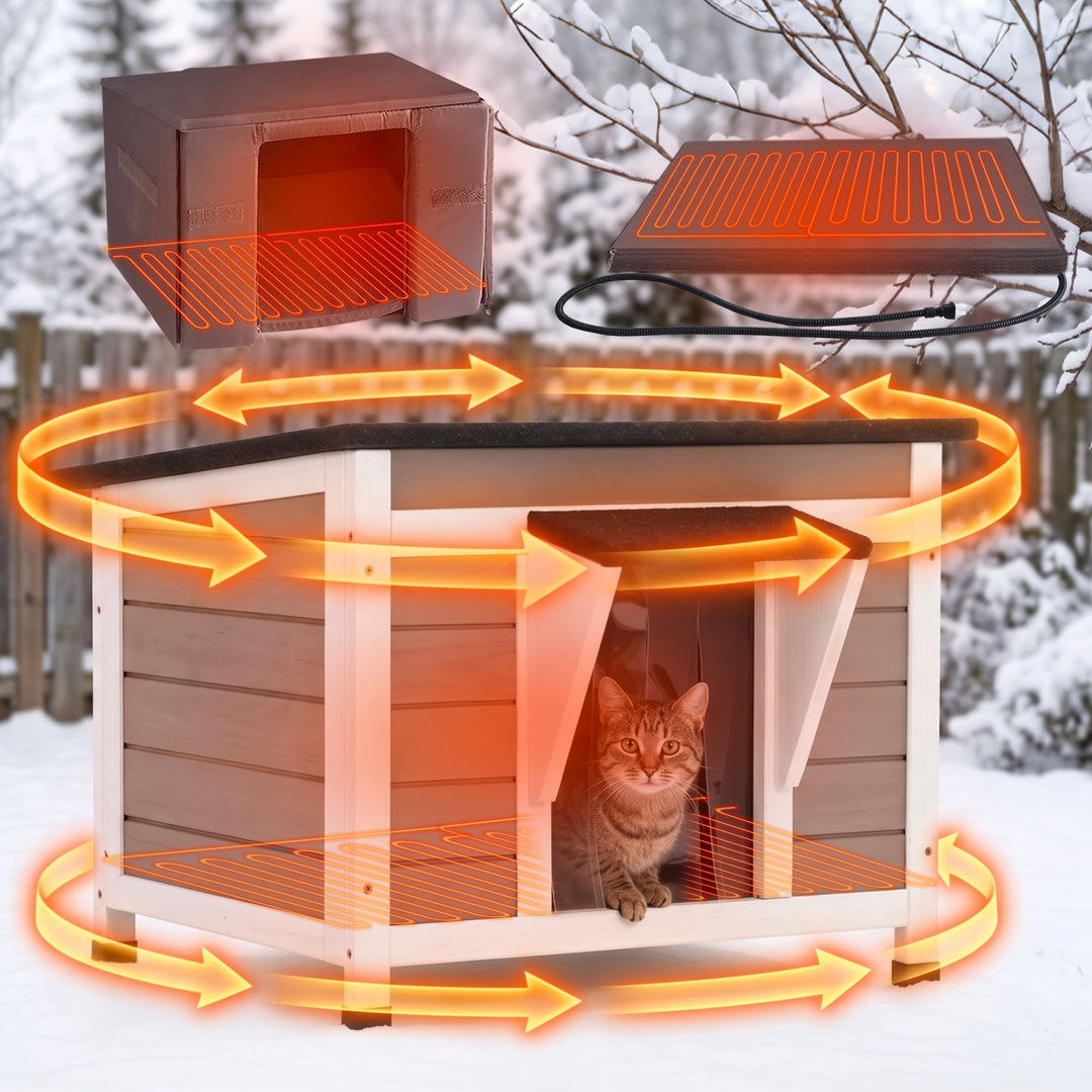 MEDEHOO Heated Outdoor Cat House for Winter, 23.6" Insulated Wooden Feral Cat Shelter with Thermostatic Heating Pad, Raised Feet and Door Curtain AIR12-WB-HP-GE-WM