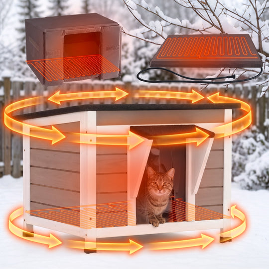 MEDEHOO Heated Outdoor Cat House for Winter, 23.6" Insulated Wooden Feral Cat Shelter with Thermostatic Heating Pad, Raised Feet and Door Curtain AIR12-WB-HP-GE-WM