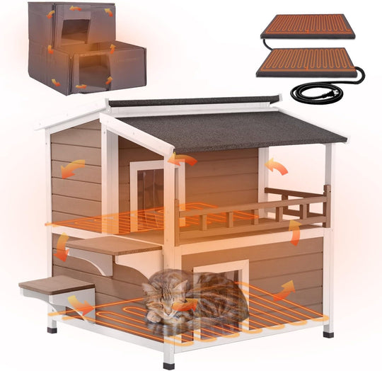 MEDEHOO Cat House for Outdoor Cats Large 2-Stroy Insulated Kitty Shelter with Heater for Winter,Waterproof Great for Indoor &amp; Outdoor Use,Brown