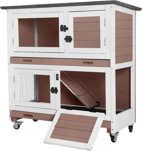 MEDEHOO Rabbit Hutch Indoor Mobile Outdoor Bunny Cage with Openable Middle Door, Two Story Guinea Pig Cage with Wheels, 36"L x 17.7"W x 36.4"H (Brown) AIR77-WZ-N-WM