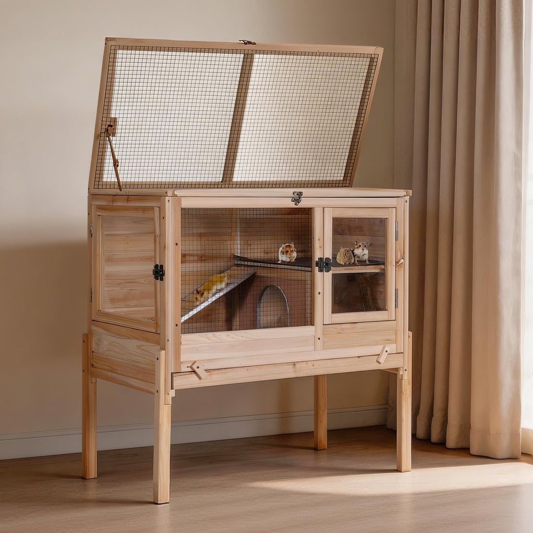 MEDEHOO Guinea Pig Cage Indoor Rabbit Hutch with Chew-Proof Edges - Natural Wood