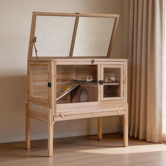 MEDEHOO Guinea Pig Cage Indoor Rabbit Hutch with Chew-Proof Edges - Natural Wood