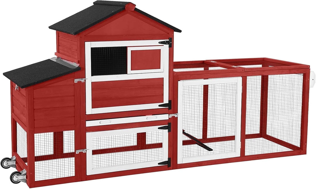 MEDEHOO Chicken Coop Mobile Chicken House with Wheels Expandable Wooden Hen House 80.7" Outdoor Rabbit Hutch Movable with Large Nesting Box for 2-4 Chickens (Red) AIR72-R-N-WM