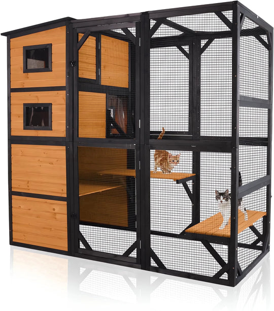 MEDEHOO 77" Large Catio Cat Enclosure for Outdoor, Weatherproof Window Catio with Roof, with 4 Resting Platforms, Indestructible Feral Cat Shelter for Backyard