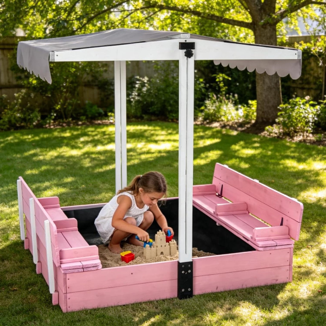 MEDEHOO Sandbox with Cover,Large Wooden Sand Box with lids Foldable Beench Seats,Sand Boxes for Backyard Garden, Beach Patio Outdoor GUT05-P-A12-WM2