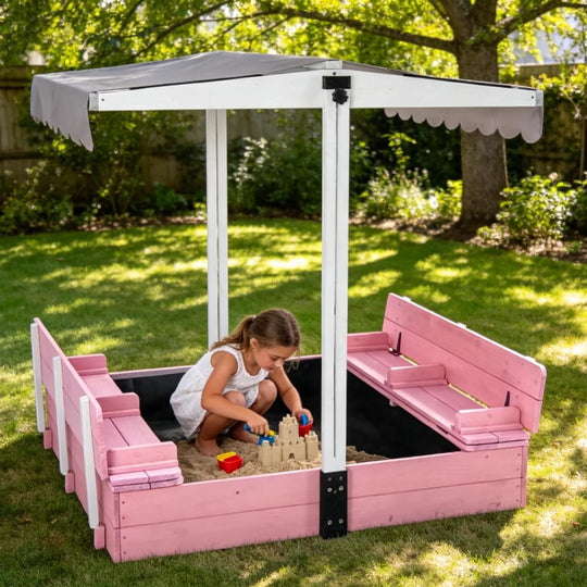 MEDEHOO Sandbox with Cover,Large Wooden Sand Box with lids Foldable Beench Seats,Sand Boxes for Backyard Garden, Beach Patio Outdoor GUT05-P-A12-WM2