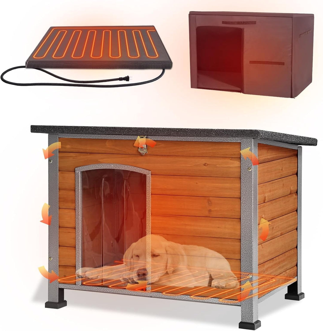 MEDEHOO 33.3’’ Heated Outdoor Dog House Weatherproof Insulated Dog Kennel with Metal Frame, Dog Shelter with Heating Pad, 6-Sided Insulated Liner and PVC Door Curtain for Winter (Brown) AIR74-IN-HP-4DML-WM