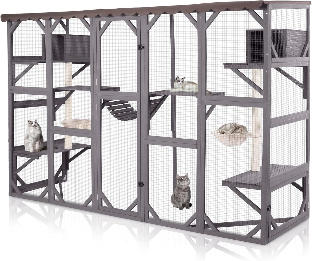 MEDEHOO Extra-Large Catio, 104" Wall-Mounted Outdoor Cat Enclosure - Cat Cage Window Box Walk-in Cat Kennel Shelter with Weatherproof Roof, 2 Scratching Posts, 2 Hammocks &amp; Bridge for 6-8 Cats Catio-AIR7017-MA