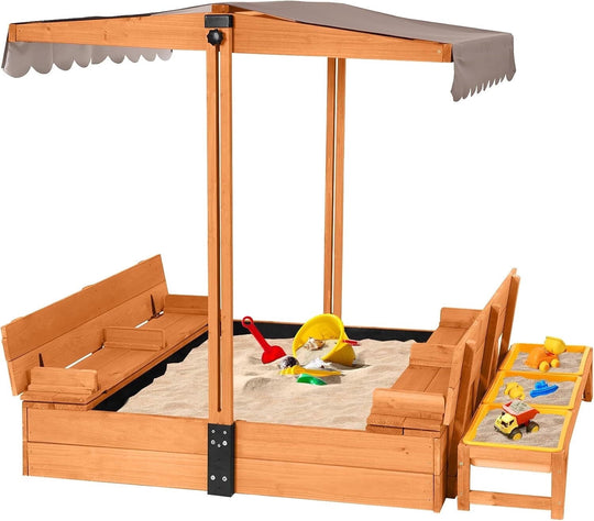 MEDEHOO Wooden Sandbox with Cover | Large Sandpit for Kids Outdoor with Adjustable Canopy Backyard Play with Movable Toy Bins GUT080-WM
