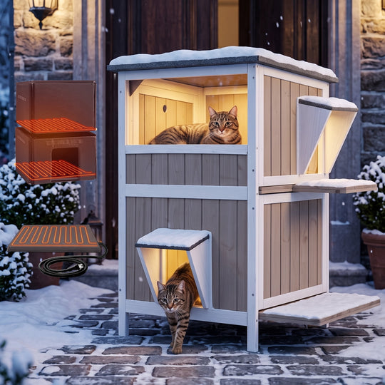MEDEHOO 2-Story Heated Outdoor Cat House, Insulated Weatherproof Feral Shelter with Escape Doors &amp; Heating Pad AIR14-B-HP-PA-WM2
