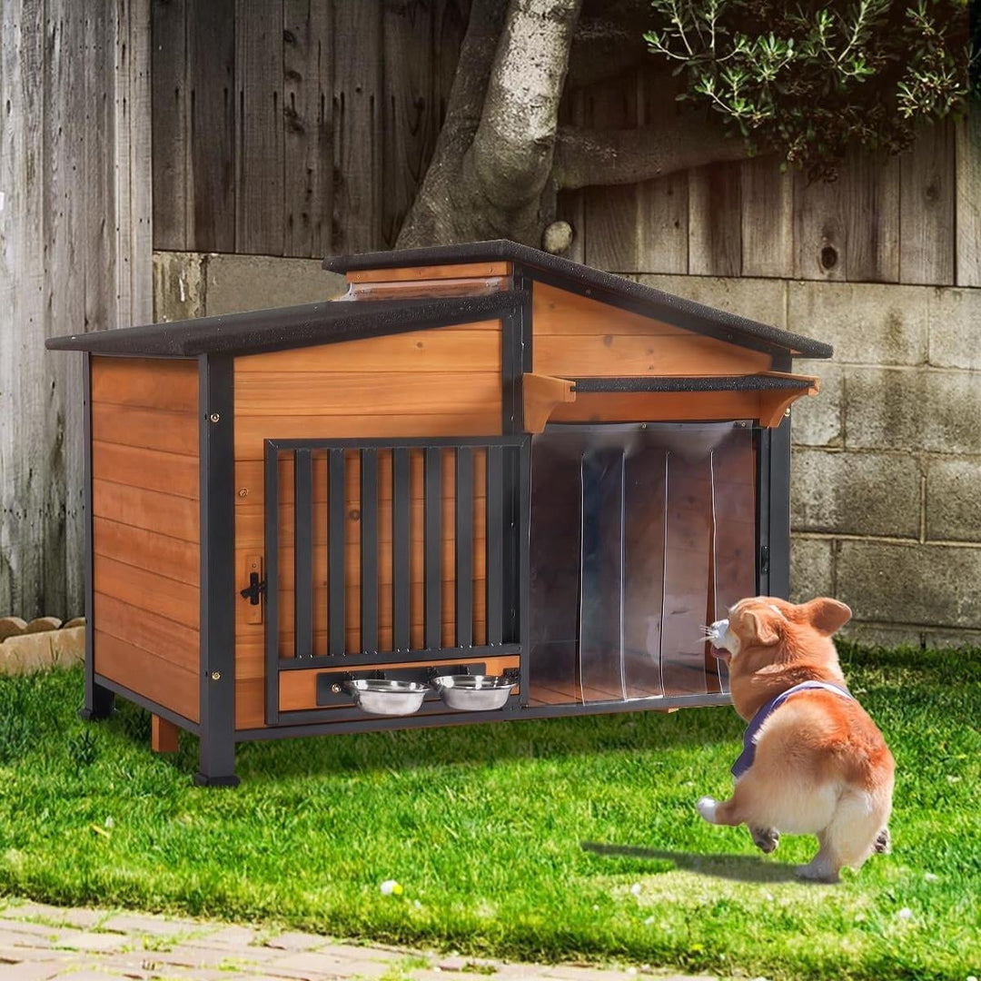 MEDEHOO Dog House Outdoor with Bowls Weatherproof Dog Kennel with Anti-Chewing Iron Frame Dog Shelter for Small Medium Dogs AIR7021-WM2