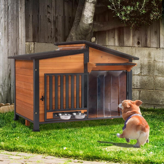 MEDEHOO Dog House Outdoor with Bowls Weatherproof Dog Kennel with Anti-Chewing Iron Frame Dog Shelter for Small Medium Dogs AIR7021-WM2