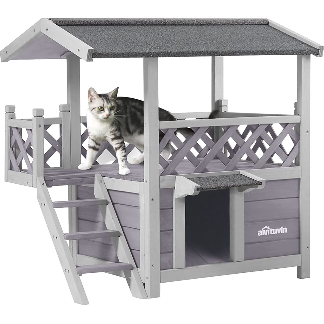 MEDEHOO Wood Cat House with Balcony, Outdoor Indoor Kitty Shelter with Stairs