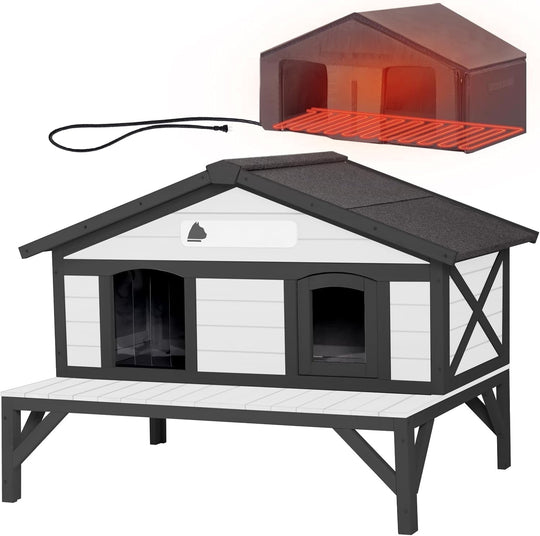 MEDEHOO Heated Outdoor Cat House for Outside Weatherproof Insulated Feral Cat Shelter for Winter with Heater and Thermal Liner, Four Escape Doors and Anti-Chewing Cable for Multiple Cats, 43.5" L