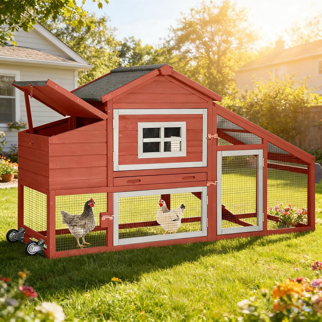MEDEHOO Large Chicken Coop with Wheels, Mobile Chicken House for Outdoor, Poultry Cage with Nesting Box, Leakproof Pull-Out Tray &amp; UV-Resistant Roof