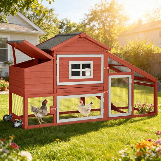 MEDEHOO Large Chicken Coop with Wheels, Mobile Chicken House for Outdoor, Poultry Cage with Nesting Box, Leakproof Pull-Out Tray &amp; UV-Resistant Roof