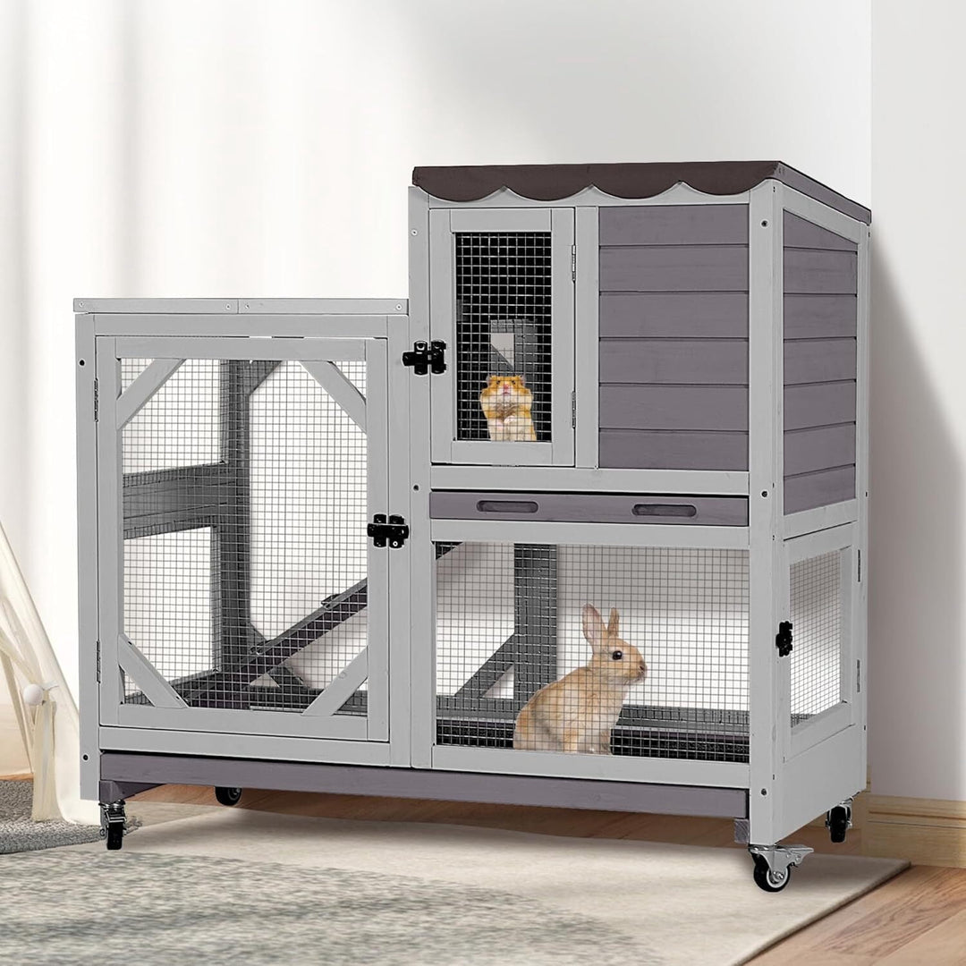 MEDEHOO Duplex Rabbit Hutch Indoor with Chew-Proof Frame &amp; 2 Leak-Proof Sliding Trays, Rain Cover, Wooden Guinea Pig Cages with Wheels - Grey AIR7013-G-2-AD-WM