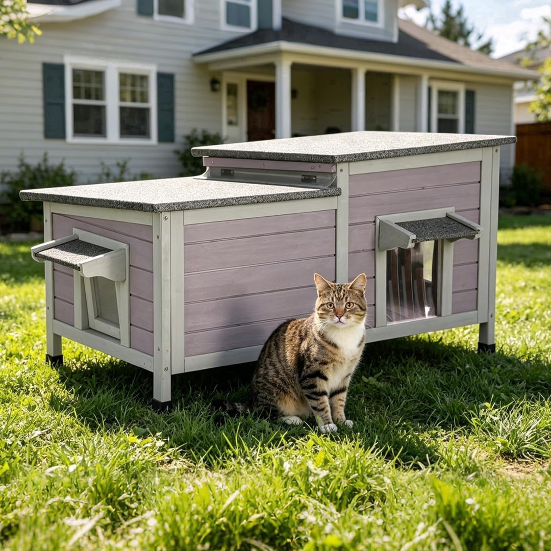 MEDEHOO Outdoor Cat House Weatherproof 2-Room Cat Shelter 34" L Large Outside Cat House with Asphalt roof, PVC Curtain and 2 Entrances for 2-3 Cats