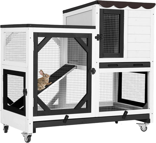 MEDEHOO Rabbit Hutch Indoor Rabbit Cage with Wheels Outdoor Bunny House 2 Story Guinea Pig Cage with Leakproof Tarp Roof Black