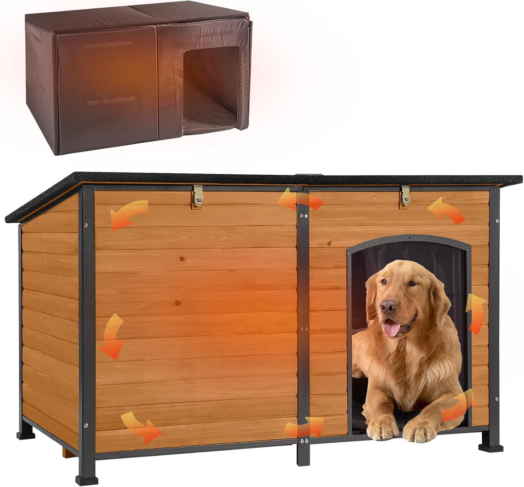 MEDEHOO Extra Large Insulated Outdoor Dog House with Insulated Liner for Winter, Weatherproof Dog Kennel with All-Around Iron Frame for Small, Medium, and Large Dog (Brown) AIR063-IN-WM