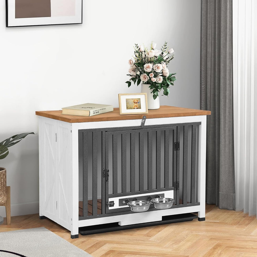 MEDEHOO Dog Crate Furniture, Foldable Wooden Dog Kennel Furniture with 360° Rotating Feeding Bowls, Iron Frame Dog Crate with Deepened Sliding Tray, 33" L - White Brown