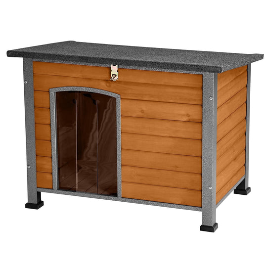 BUTINGLALE Indoor Outdoor Dog House,Anti-Chewing Iron Frame Dog Kennel,Wood Warm Pets Home,Weatherproof Outside Shelter for Feral Animal 33.5" (L) X 22" (W) X 25.2" (H) Brown AIR74-A11