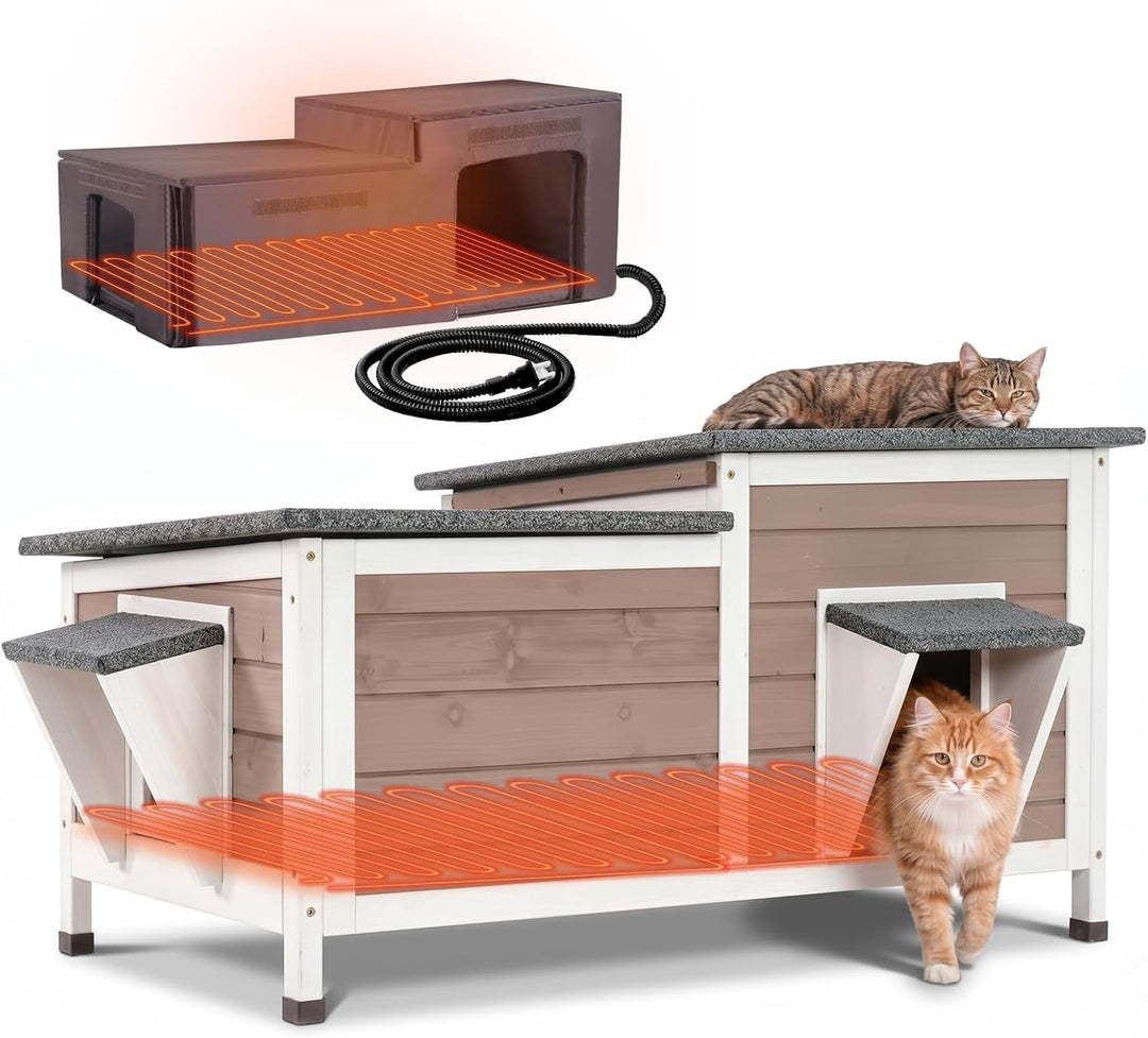 MEDEHOO Heated Cat House Outdoor Cat House Insulated Large Weatherproof Feral Cat Shelter with Heated Pad, Insulated All-Round Thermal Liner, Chewproof Cable for 1-4 Cats AIR93-WBR-HP-MA-WM
